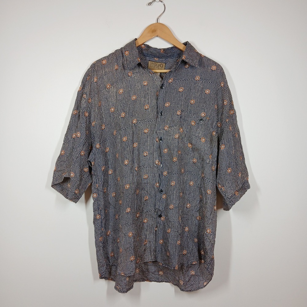 Utopia Shirt Mens Large Button Front Blue Orange Silk Abstract Print Retro Art